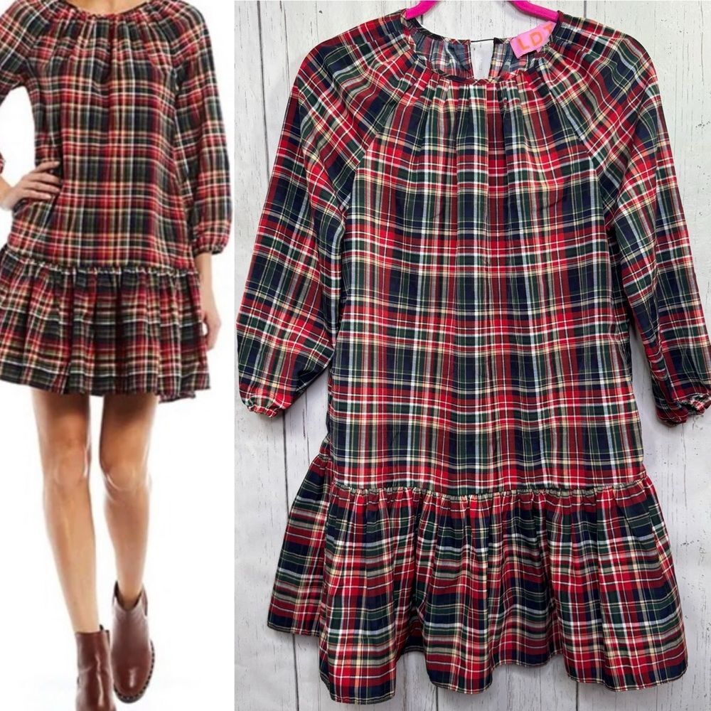 LDT Plaid Ruffle Hem Dress Red Green Size 0 Holiday Preppy Cottagecore Festive
